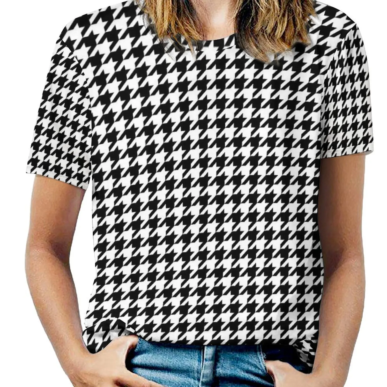 Oversized Houndstooth Check T-Shirts Black And White Casual T-Shirt Short-Sleeve Woman Modern Tshirt Summer Design Top Tees