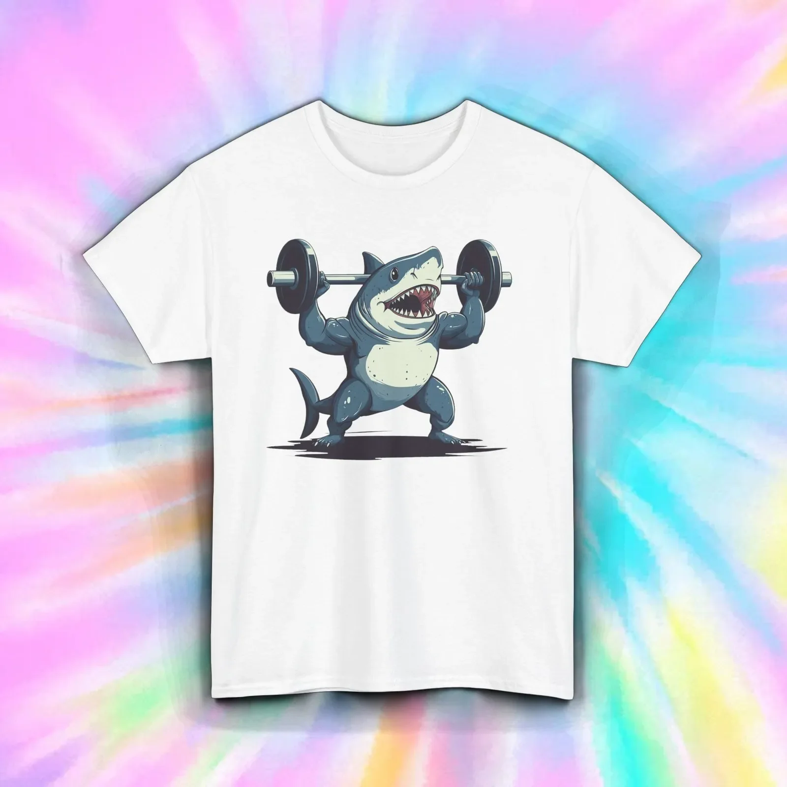 

Shark Lifting Weights Shirt Funny Muscle Gym Barbell Workout Animal Tee S-5XL