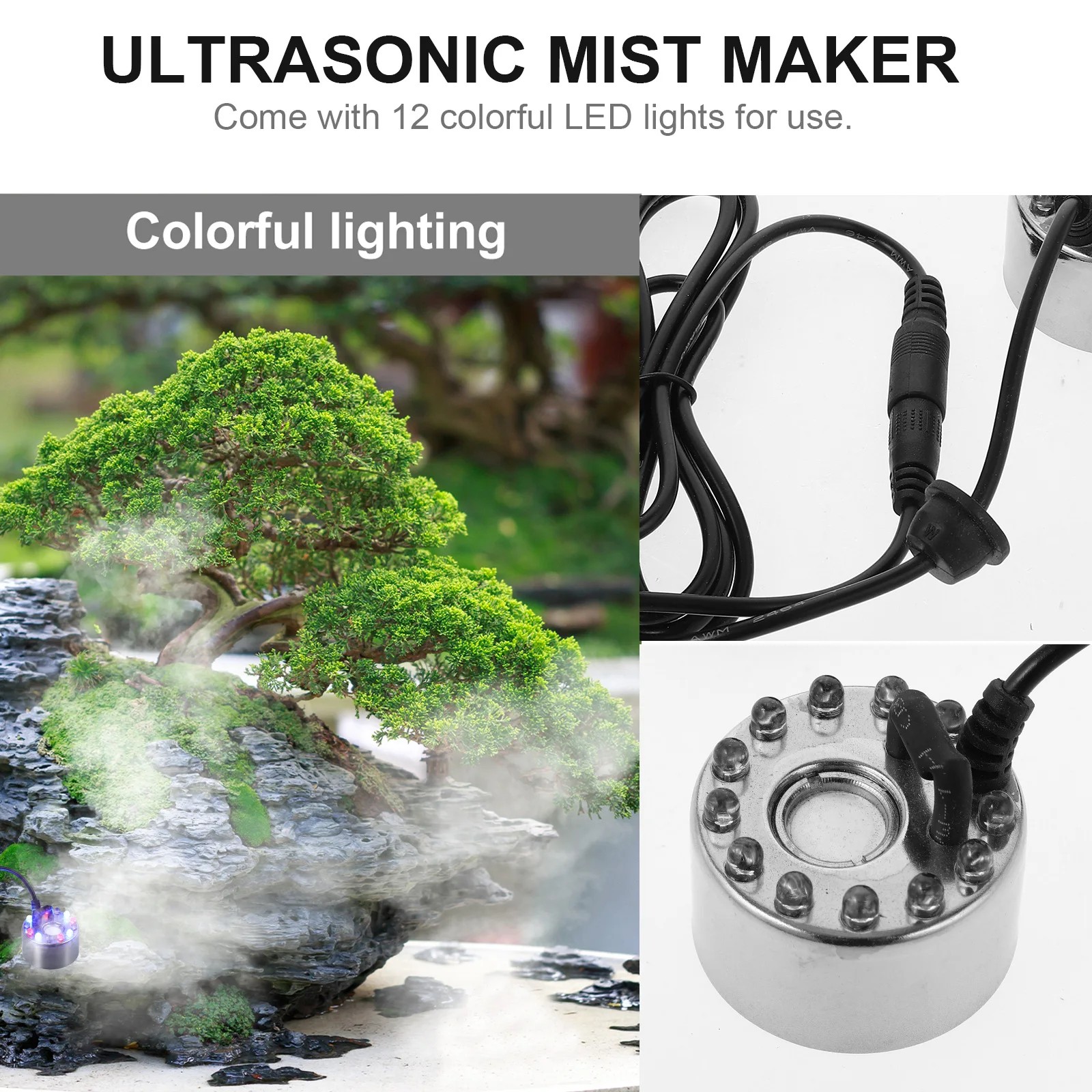 

12 Colorful LEDs 16mm Atomizing Film Ultrasonic Water Fogger Mist Maker 3000ML/H DC24V 130cm Cable Pond Tank