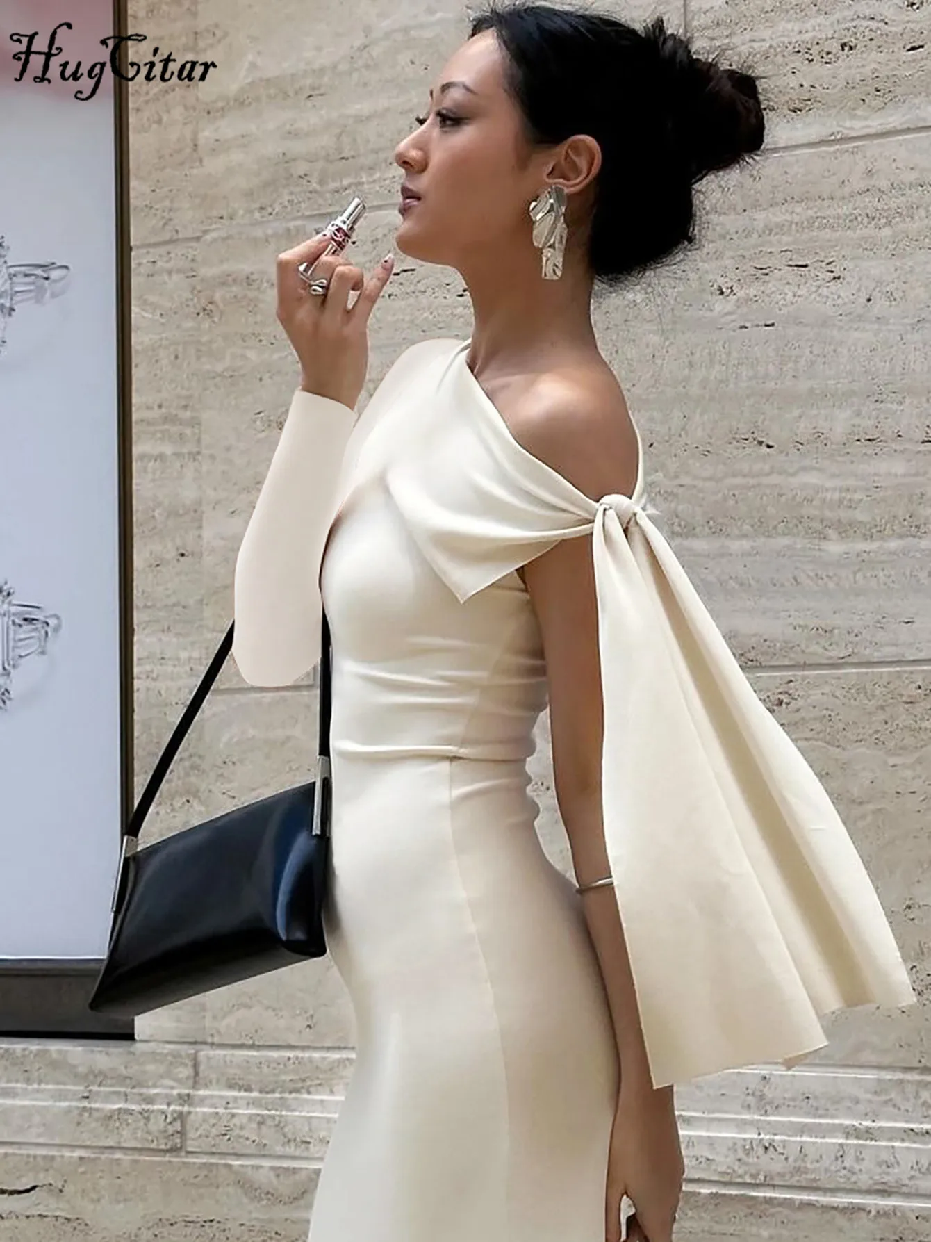 Hugcitar Elegant Solid One Shoulder Long Sleeve Bandage Irregular Sexy Bodycon Mini Dress Women Y2K Outfit Party Festival Club