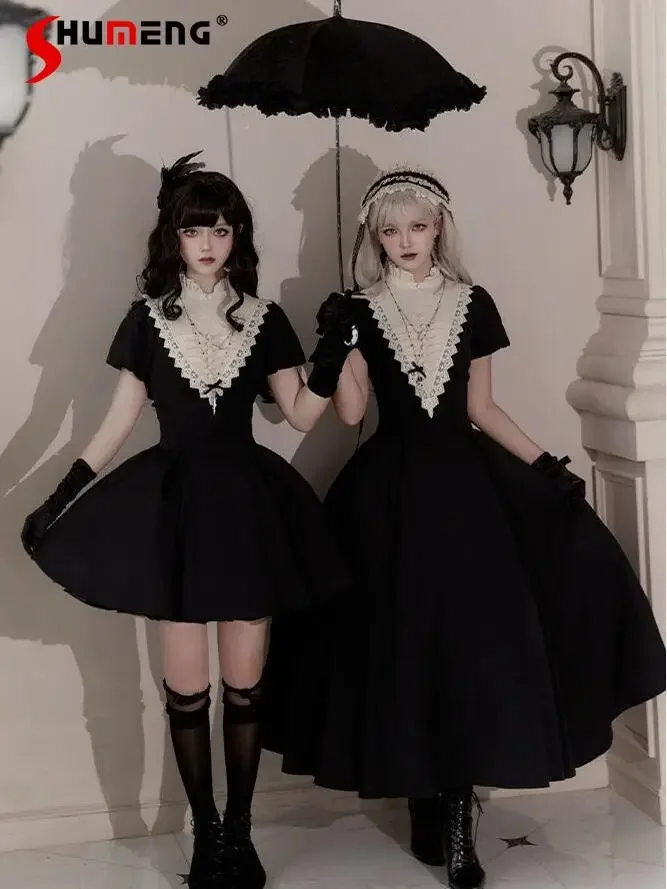 Elegant Temperament Goth Nun Lolita Dress Stand Collar Embroidered Puff Sleeves High Waist Slim Fit A-line Black Dresses Women