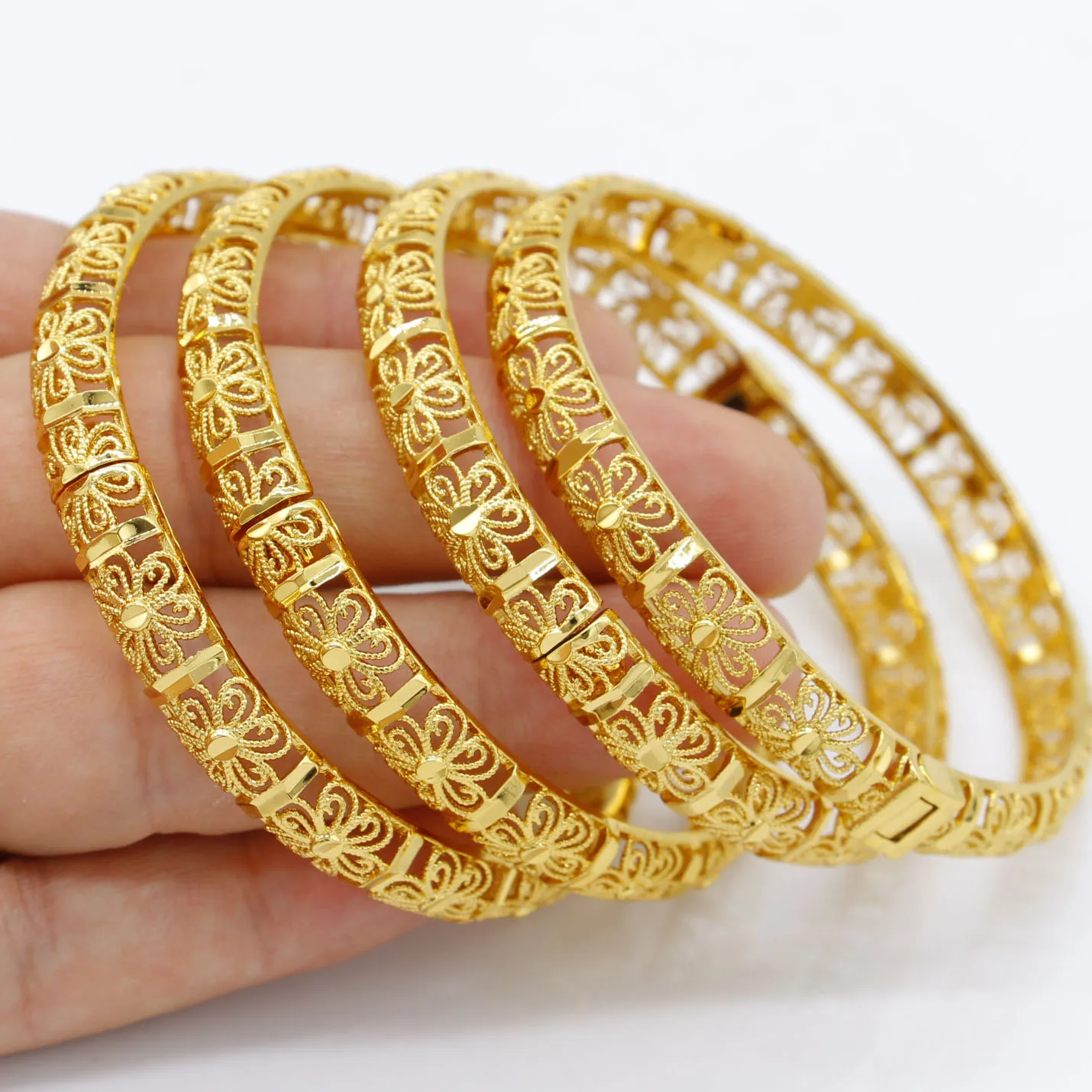 

Adixyn 4PCS hollow Flower Desigh can open bangle for women jewelry Copper Golden plated bracelet party gifts