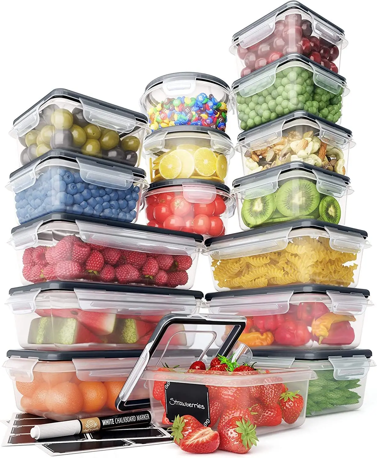 

Chef's Path 32 Piece Food Storage Containers Set with Easy Snap Lids (16 Lids + 16 Containers) - Airtight Plastic Containers for