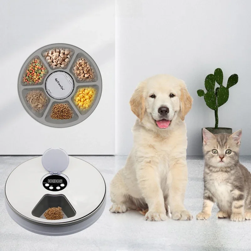 Automatic Pet Dog Feeder Round Timing Feeder 6 Meals 6 Grids Cat Dog Electric Dry Food Dispenser 24 Hours Feed Pet Supplies