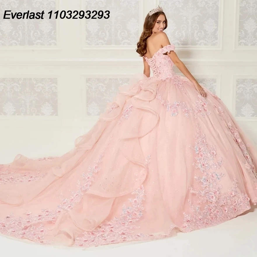 EVLAST Glitter Red Quinceanera Dress Ball Gown 3D Floral Applique perline con Cape Mexico Sweet 16 Vestido 15 De aecos TQD212