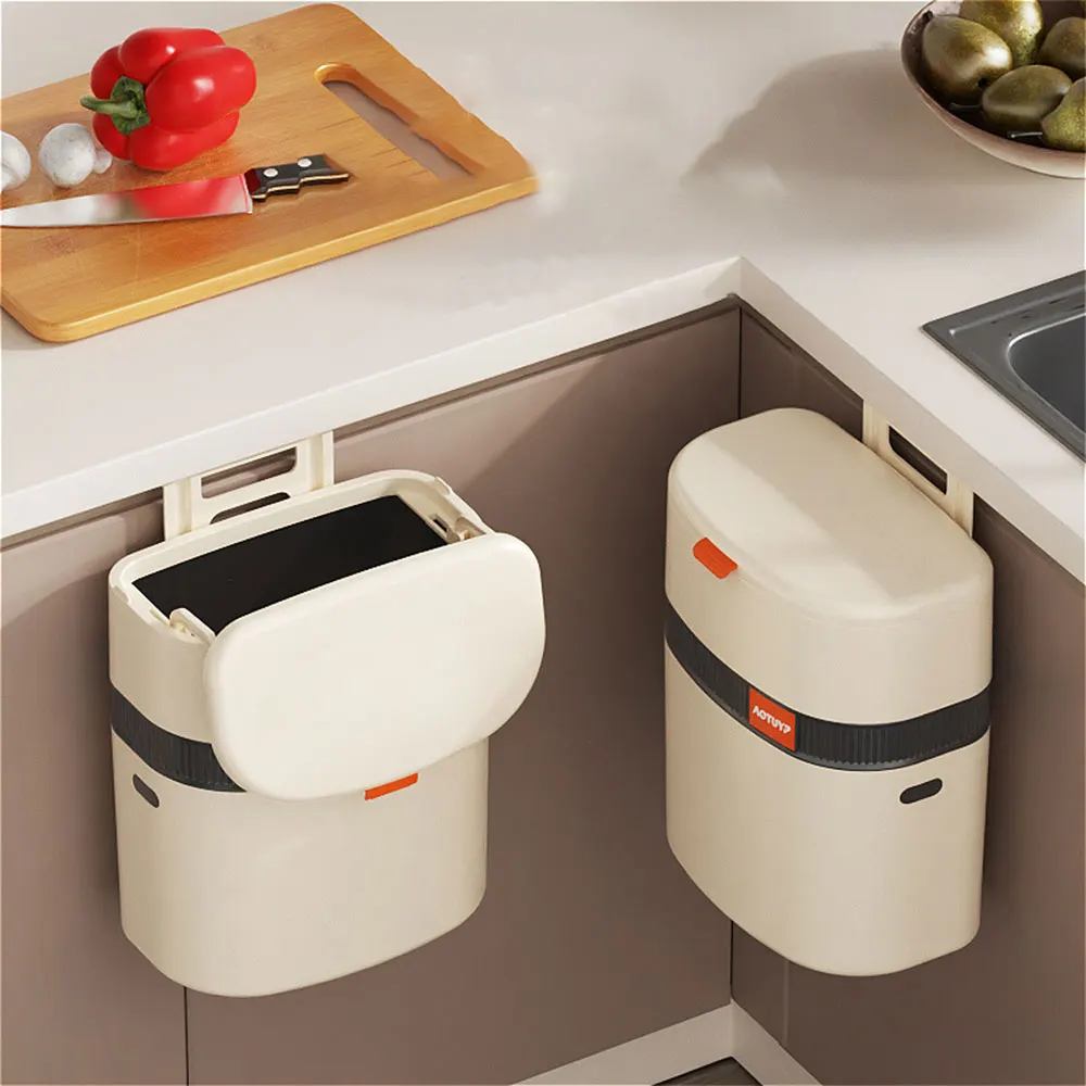 2024 Kitchen Wall Mounted Trash Can with Lid Hanging Wastebasket Compost Bin Garbage Can for Cabinet /Under Sink/Bathroom 11/13L