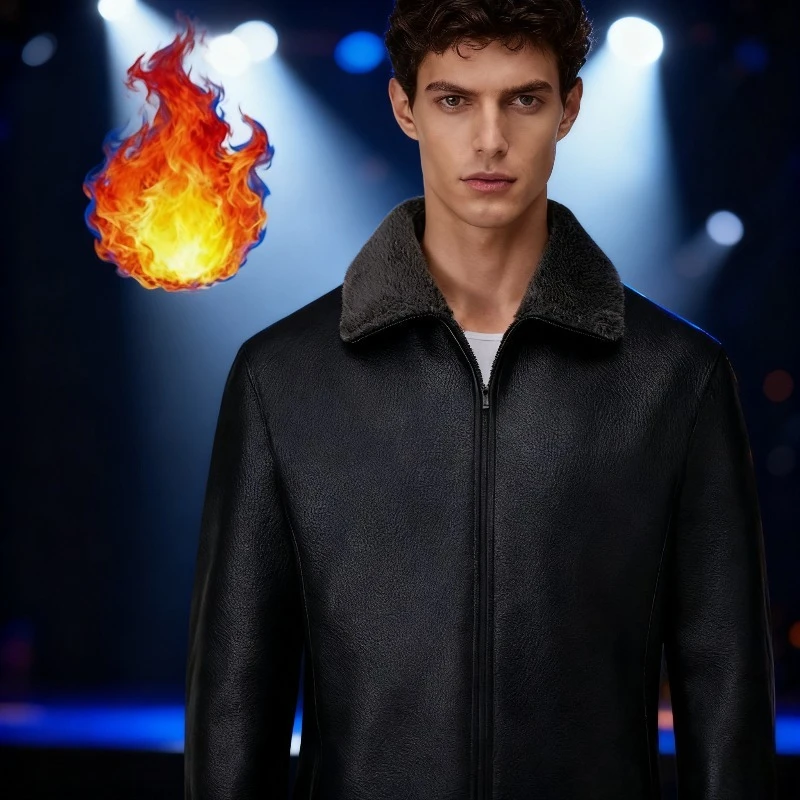 

2025 Мужская кожаная куртка с плюшевым воротником, зимнее пальто на флисовой подкладке для холодной погоды, пальто из искусственного меха в корейском стиле