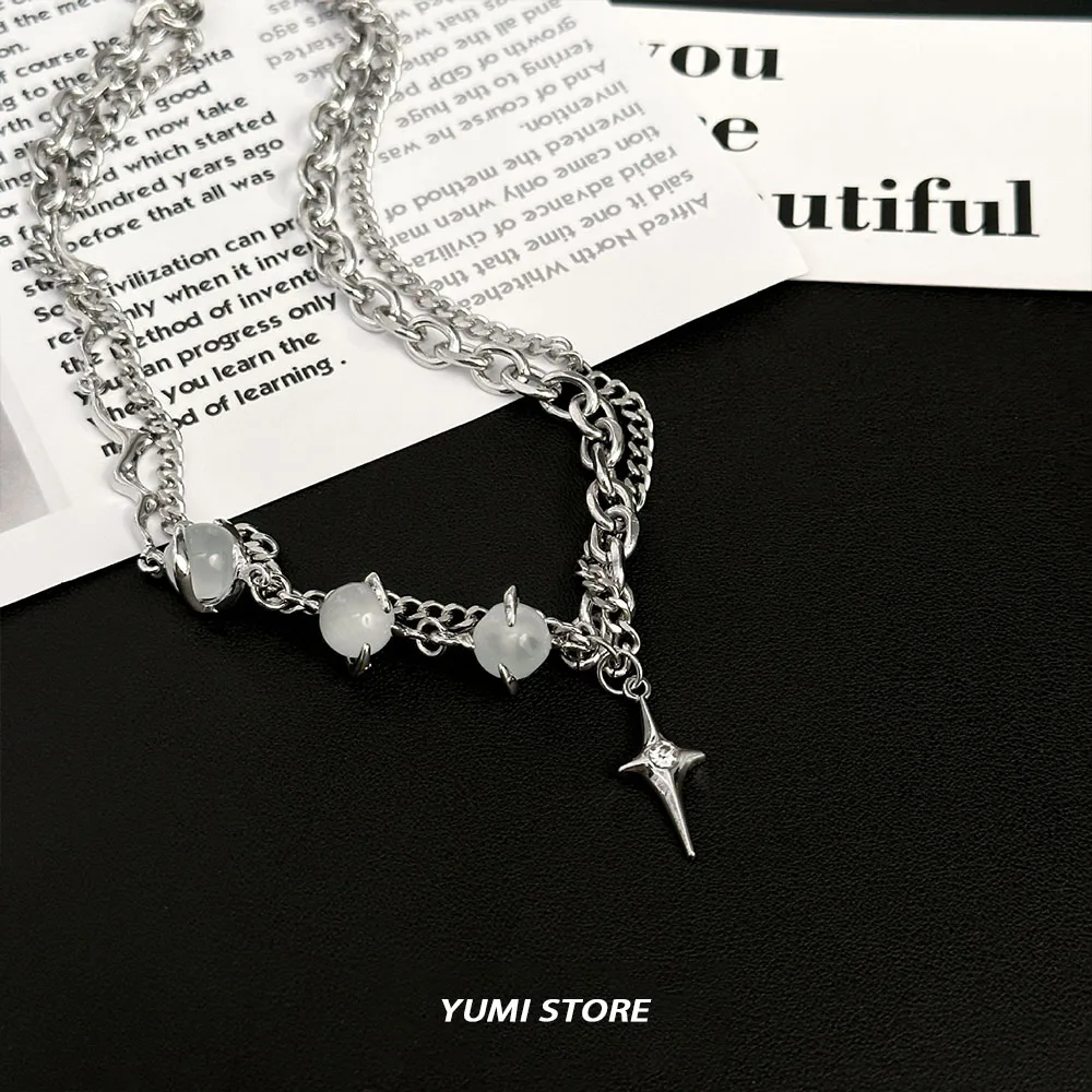 Titanium Steel Multi layered Star Cross Pendant Necklace For Men Women Trend Kpop Crystal Bead Sweater Chain Unisex Jewelry