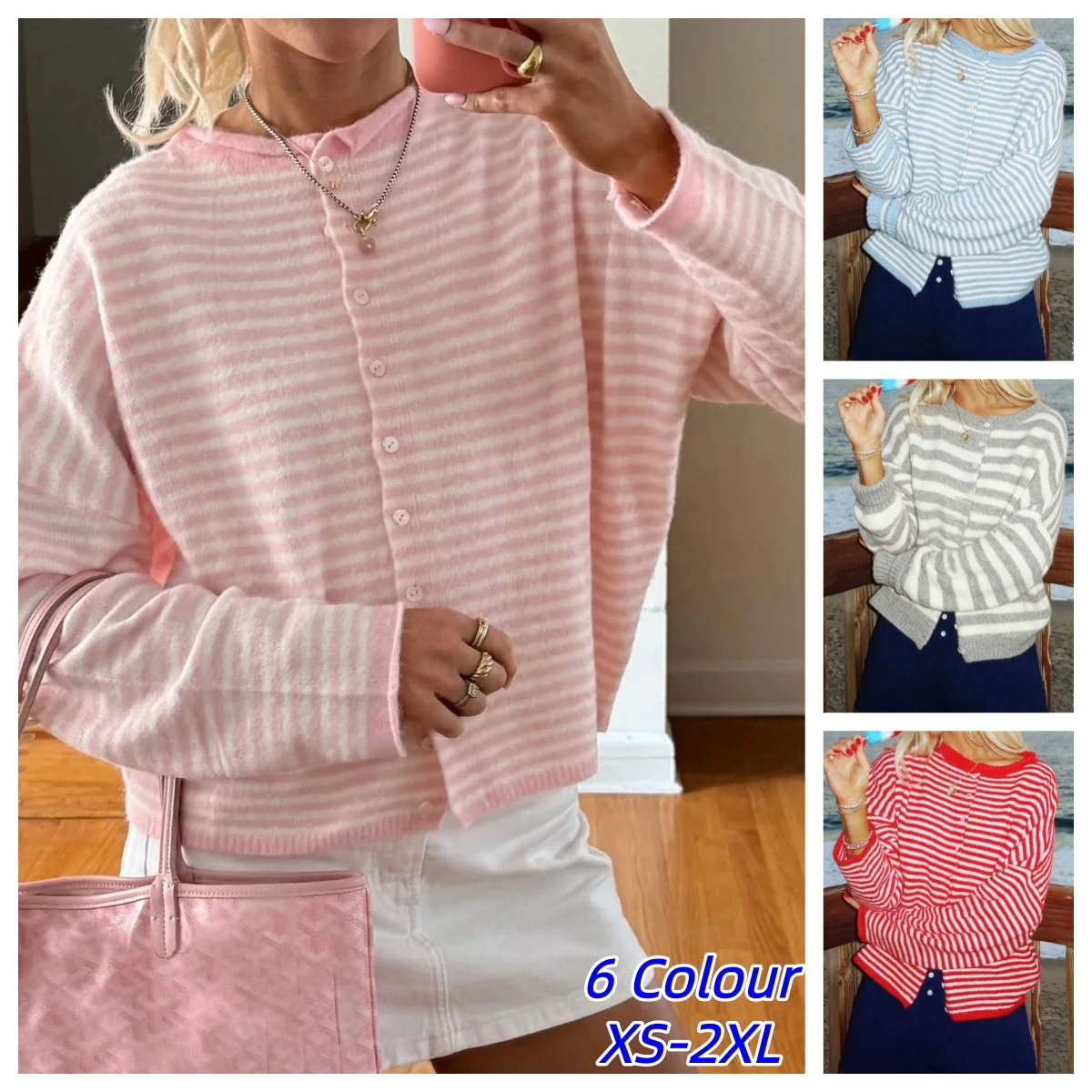 Y2K Outerwears Women's Sweater Striped Button Down Cardigan Knit Warm Outerwear Casual Loose Long Sleeve Fall Tops Knitwear