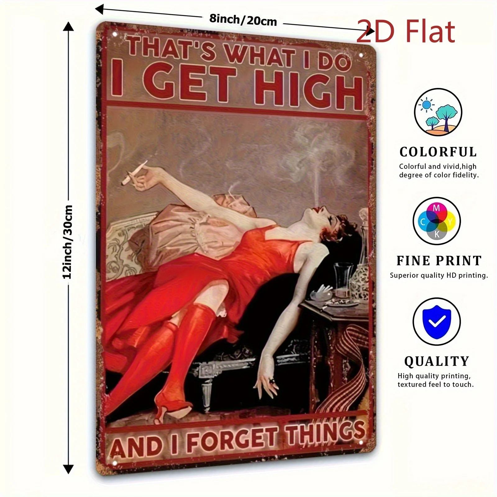 Retro Healing Metal Sign 1-Pack 2D Flat, Lady in Red Dress Smoking with Funny Quote That's Just Who I Am, When I'm Lit I Forget