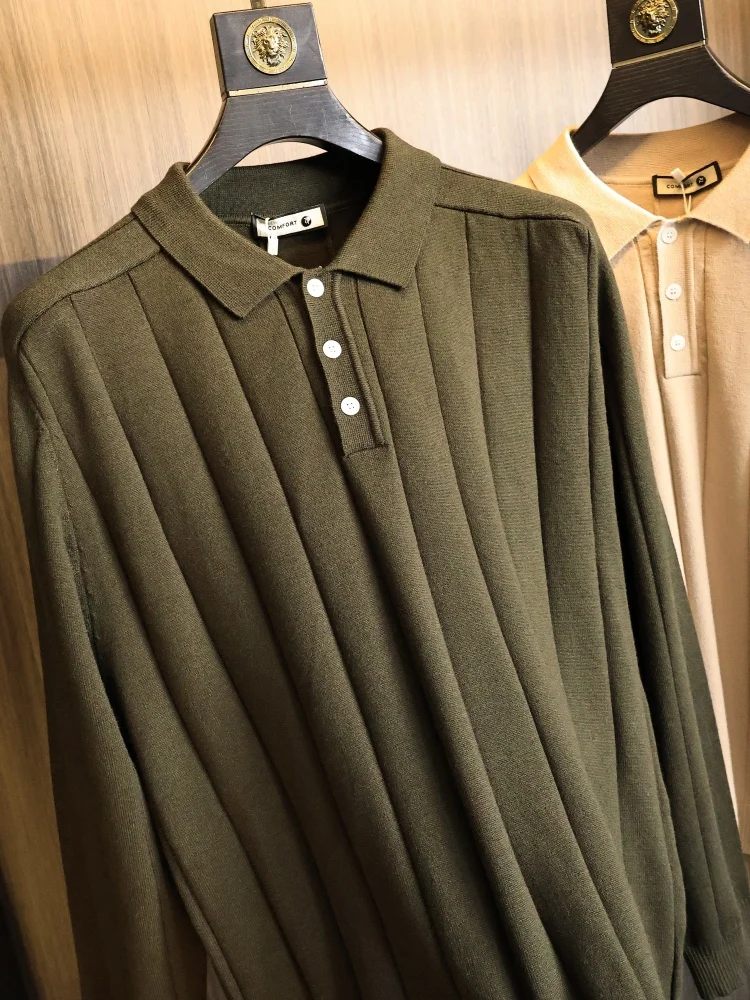 Soft Skin-Friendly Men's Knitwear  Neck Pullover Fashion Urban Style Autumn Business Shirt Vertical Texture Regular Fit