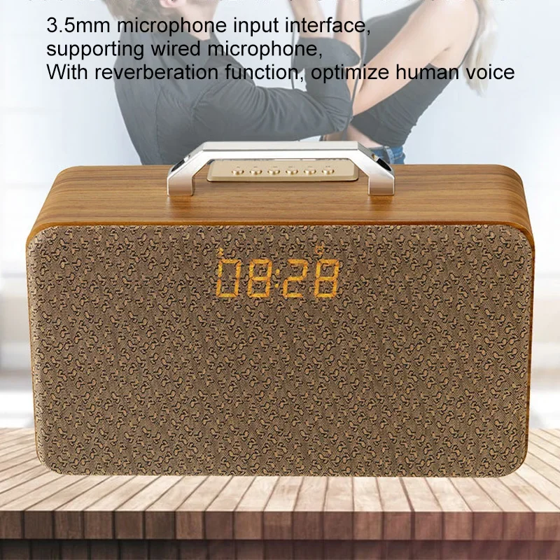 Retro Portable Bluetooth Speaker Powerful Bass Wooden High-Fidelity Audio Stereo Surround Multi-function Subwoofer with Clock