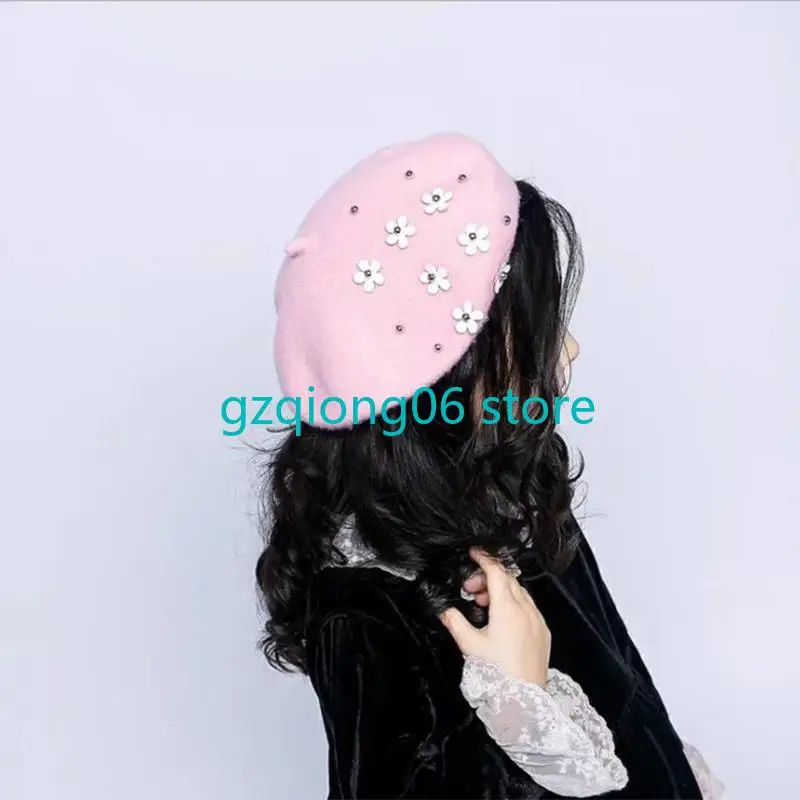 K3NF النساء فتاة اللؤلؤ زهرة قبعة لطيف الرسام قبعة قبعة صغيرة قبعة صوف أنيقة قبعة مثمنة كل مباراة ل 2-6 سنوات من العمر #4