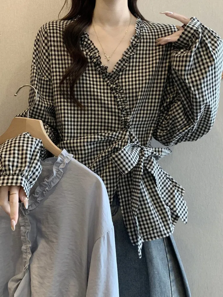 

Рубашка в клетку с длинным рукавом и V-образным вырезом в корейском ретро-стиле, женская, свободного кроя, удобная, серия Salt, для ранней осени