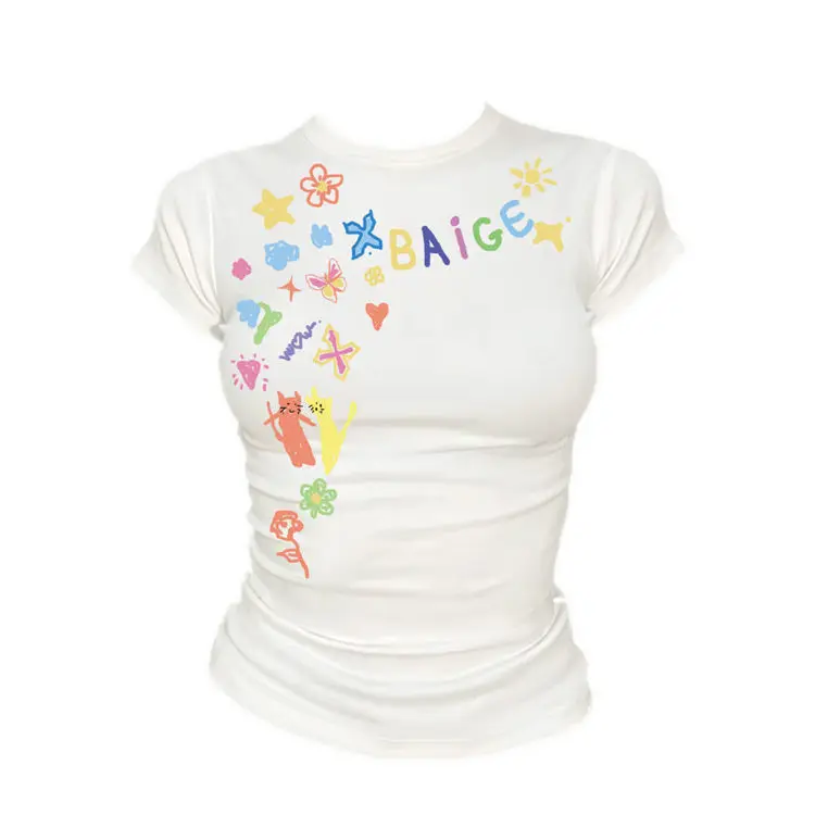 Japanese Sweet Funny T-shirts Women Casual Printed Y2k Crop Top Outwear Short Sleeve Bodycon Slim Tees Subculture Kawaii Vintage
