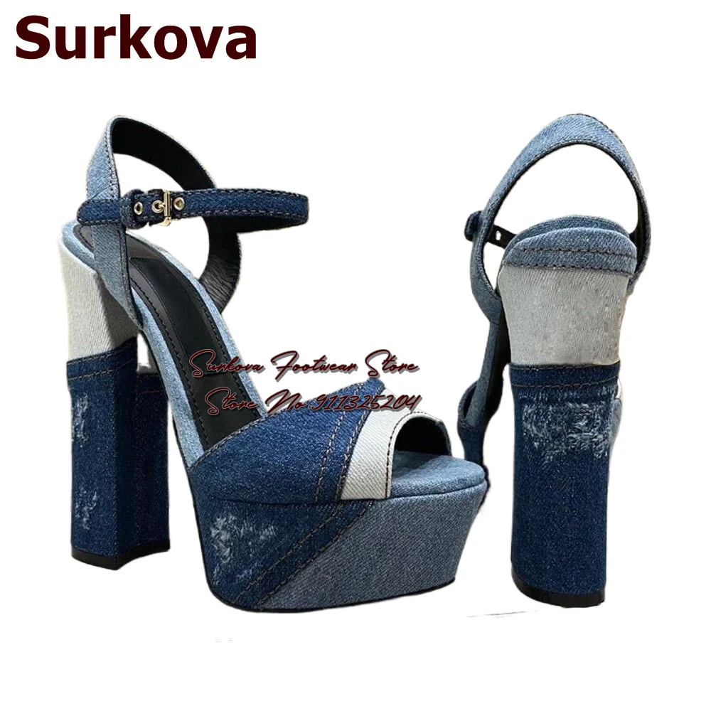 Surkova Blue Denim Color Patchwork Chunky Heel Sandals Women Platform Open Toe Jeans Dress Shoes Buckle Strap Party Block Heels