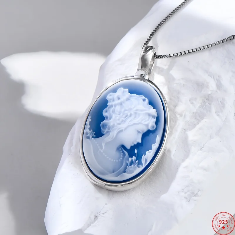 

BOCAI NEW S925 Sterling Silver Charms Pendant for Men Women Double Sided Relief Queen-fortraint Blue Agate Fine Choice Jewelry