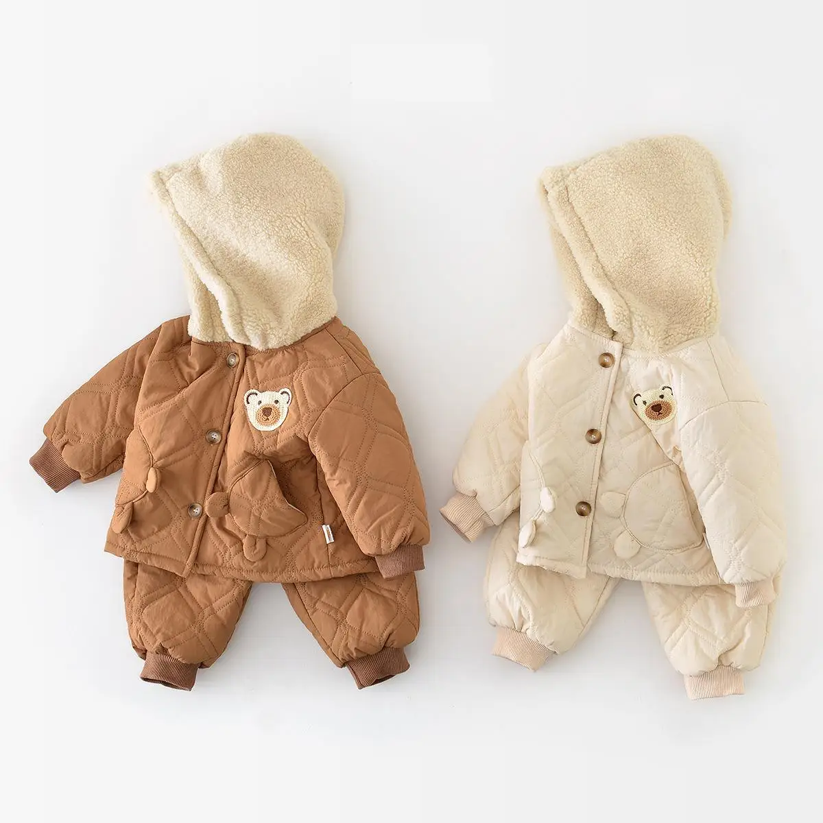 

Boys Girls Hooded Cotton Padded Jacket + Warm Pants 2pcs Suit Infant Outfits 2025 Winter New Baby Plus Velvet Thick Clothes Set