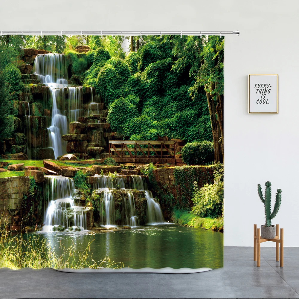 Waterfall Forest Shower Curtain Modern Spring Rural Natural Landscape Bathroom Curtains Waterproof Polyester Cloth Bathtub Decor