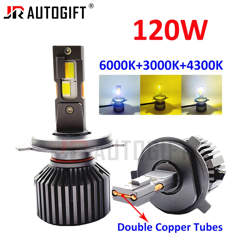 3 colors 120W Car Truck Headlight Three Colors No Error Led Canbus 12-60V Fog Lamp H7 H4 H11 9005 9006 6000K 4300K 3000K