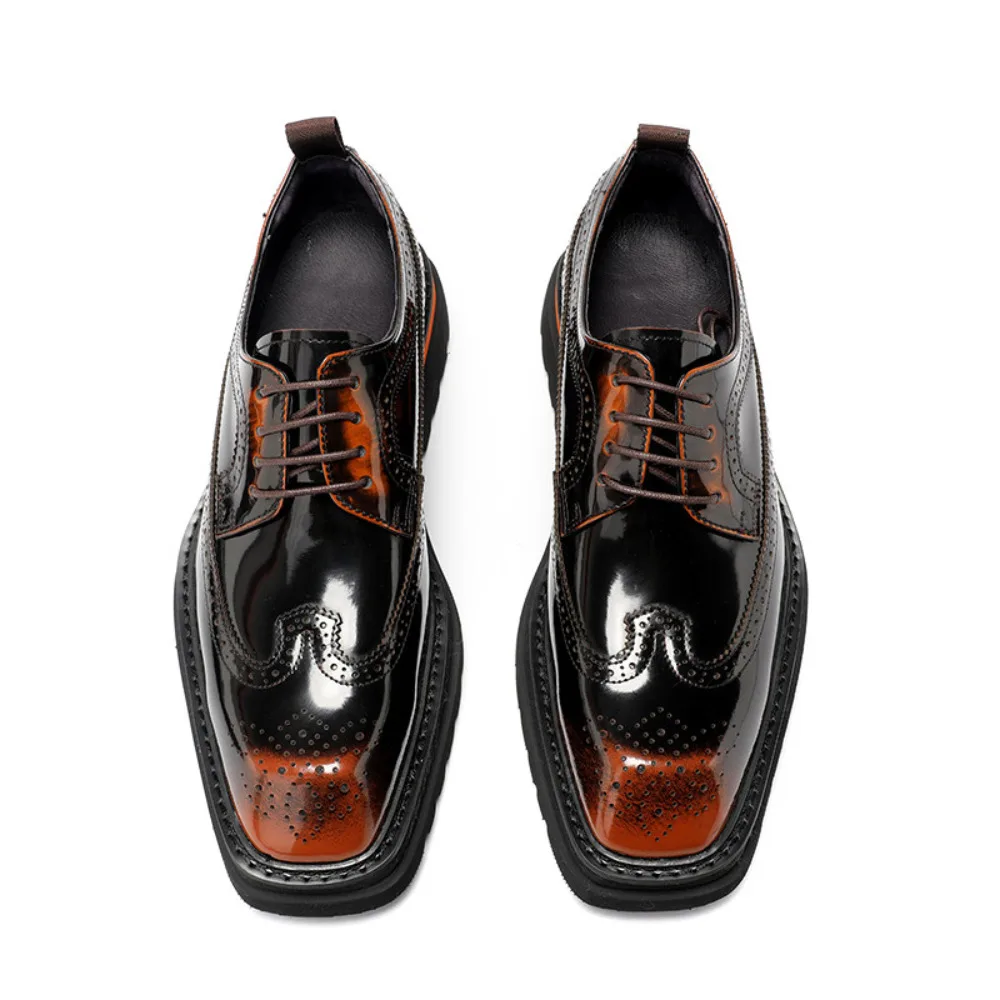 Mens Genuine Leather Brogue Derby Dress Shoes Thick Sole Height Increasing Glossy Carved Brogue Shoes for Men 4