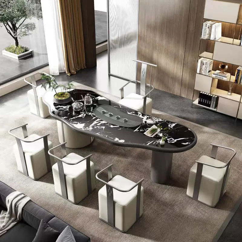 Modern office household curved rock slab Wujinshi tray automatic boiling water to make a table chair combination