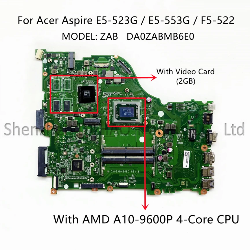 For Acer Aspire F5-522 E5-523G E5-553 E5-553G Laptop Motherboard DA0ZABMB6E0 With A10-9600P 2GB-GPU NBGEQ11003 100% Fully Tested