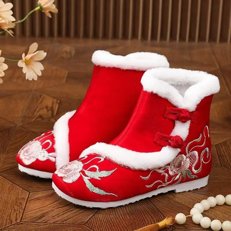 Hiver nouvelles femmes semelle plate brodé cheville coton bottes semelle souple antidérapant Style ethnique en peluche garder au chaud sans lacet bottes de neige