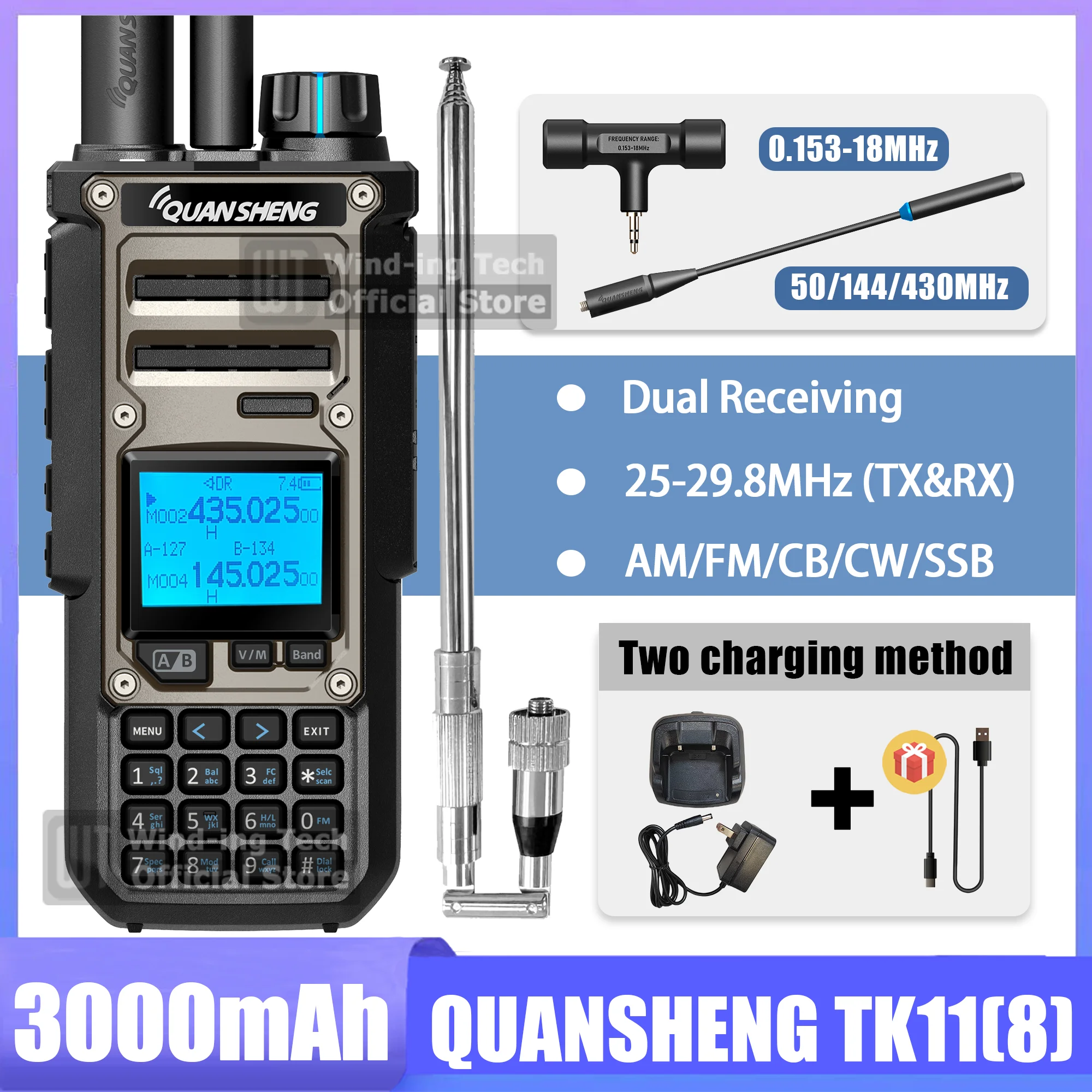 Quansheng TK11(8) 10W Walkie Talkie AM FM SSB Dual Receiver 3000mAh Magic Voice Spectrum Analyzer Frequency Meter SAME Ham Radio