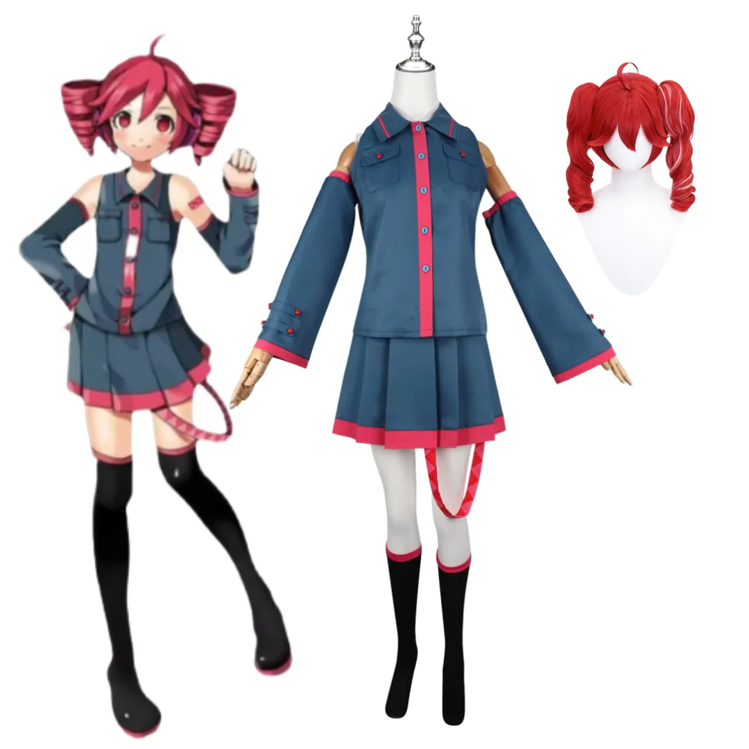 

Anime Kasane Teto Cosplay Blue Costume Red Wig