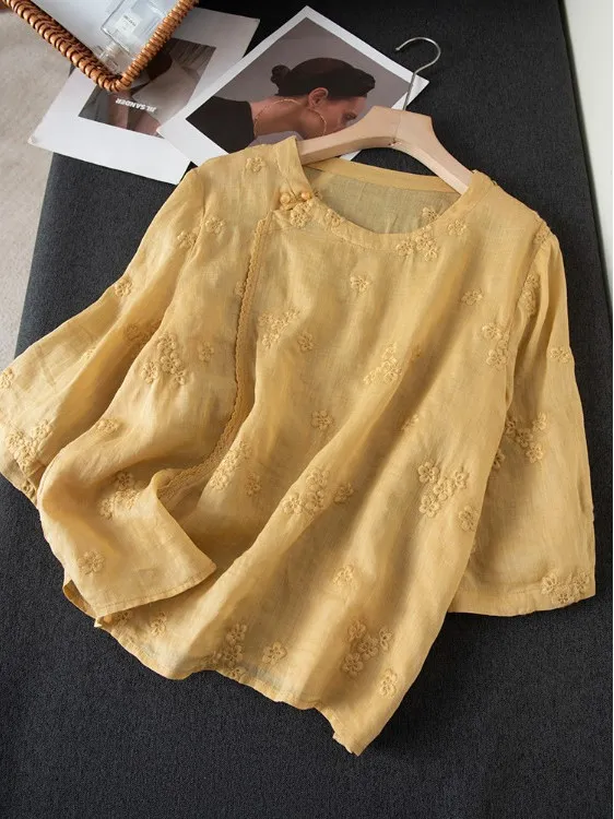 

Lightweight Breathable Embroidered round Ne Blouse for plus Size Women Summer Sweet Sle Splice Cotton irt Casual Wear