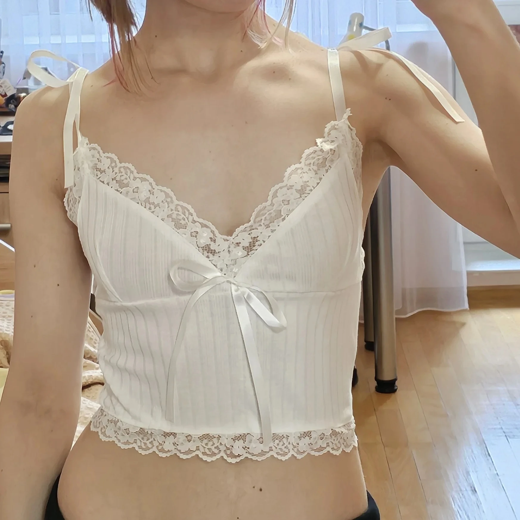 Lace Trim Crop Top Aesthetic White Bow Cute Sweet Mini Vest Knitted Basic Casual Tee Women Summer Backless Beach