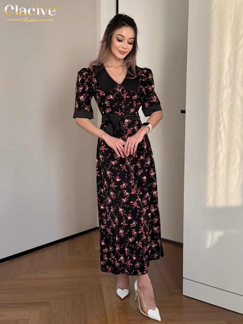 

Clacive Summer Loose Print Women's Dress 2026 Sexy Lapel Short Sleeve Ankle Length Dresses Elegant Classic Lace-Up Female Dress