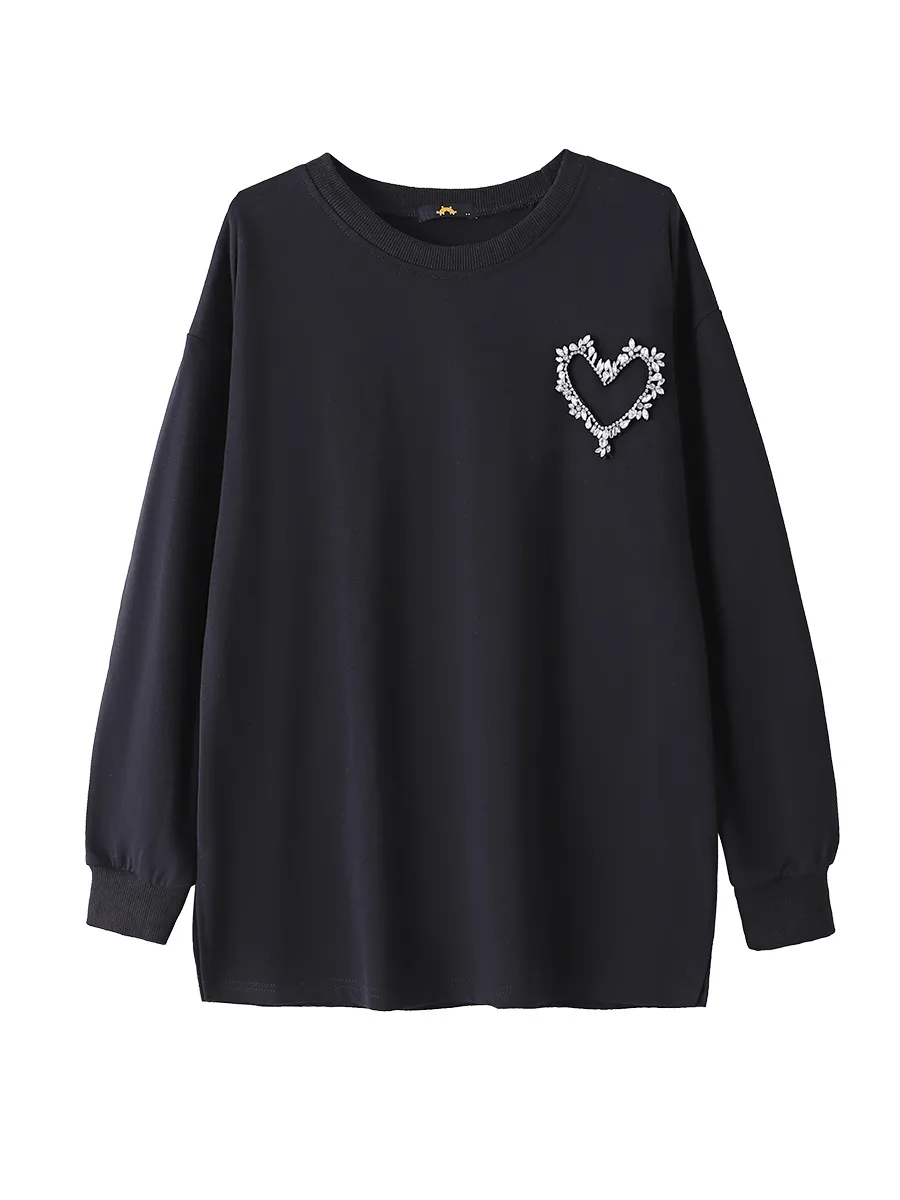 150Kg Plus Size Women's Bust 155 Spring Autumn Loose Sweatshirt With Bright Diamond Heart Black 5XL 6XL 7XL 8XL 9XL