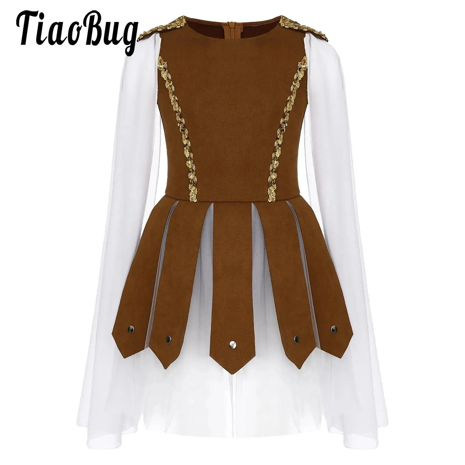 

Kids Girls Roman Soldier Gladiator Costume Halloween Party Dress Up Fly Sleeve Zipper Tulle Dress Dance Performance Costume