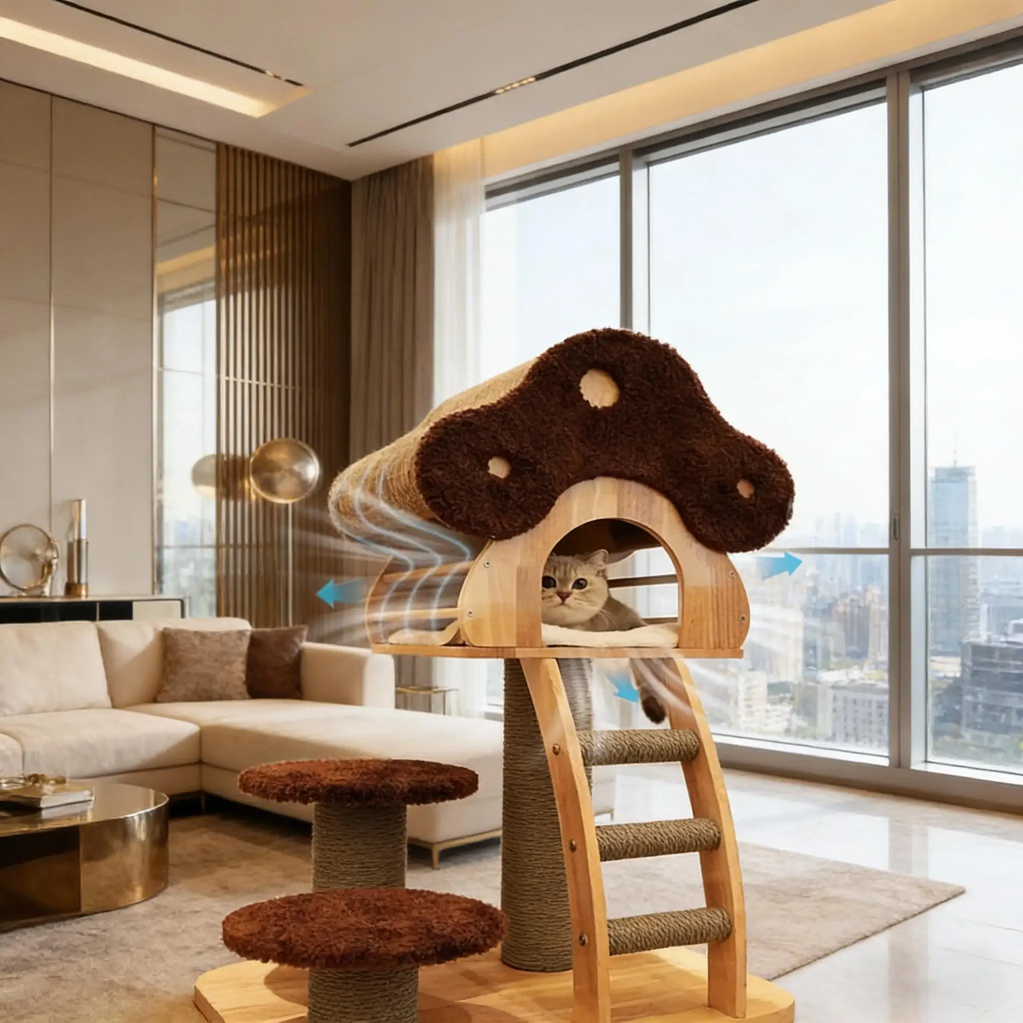 Plush & Wood Large Eco-Friendly Durable Cat Tree Modern Multi-Level Indoor Cat House Cozy Perches Scratching Posts Carton-Packed