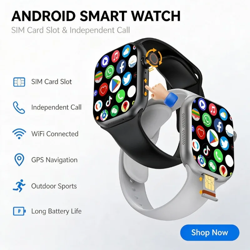 2026 CD20 Independent SIM Smart Watch Built-in GPS Large Storage Multi-Language Translation Unisex Android Wristwatch