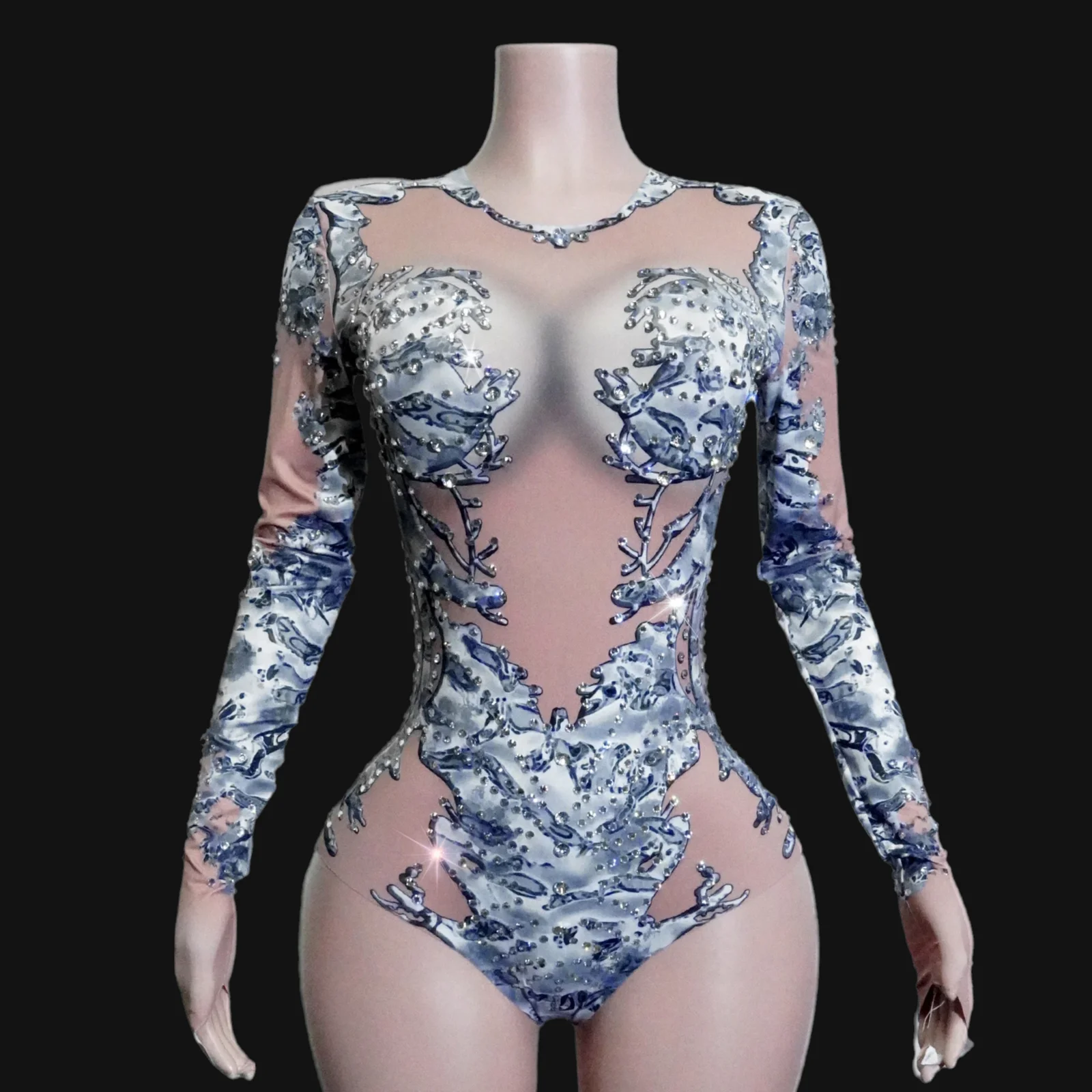 

Sparkly Rhinestones Long Sleeve Bodysuit For Women Sexy Performance Dance Costume Nightclub Bar Singer Dancer Stage Drag Queen