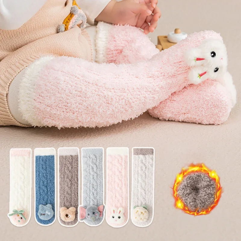 Winter Coral Fleece Baby Socks Cartoon Rabbit Infant Boy Girl Knee High Socks Thicken Warm Plush Kids Floor Socks
