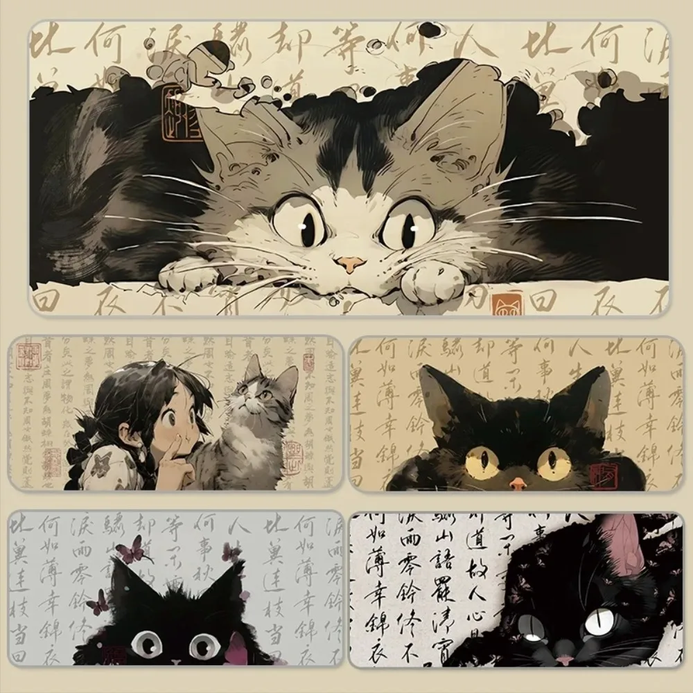 

Chinese Style Calligraphy Lovely Cat For PC Office Computer Keyboard Mousepad Large Rubber Gaming Pad Gamer Stitching Desk Mat