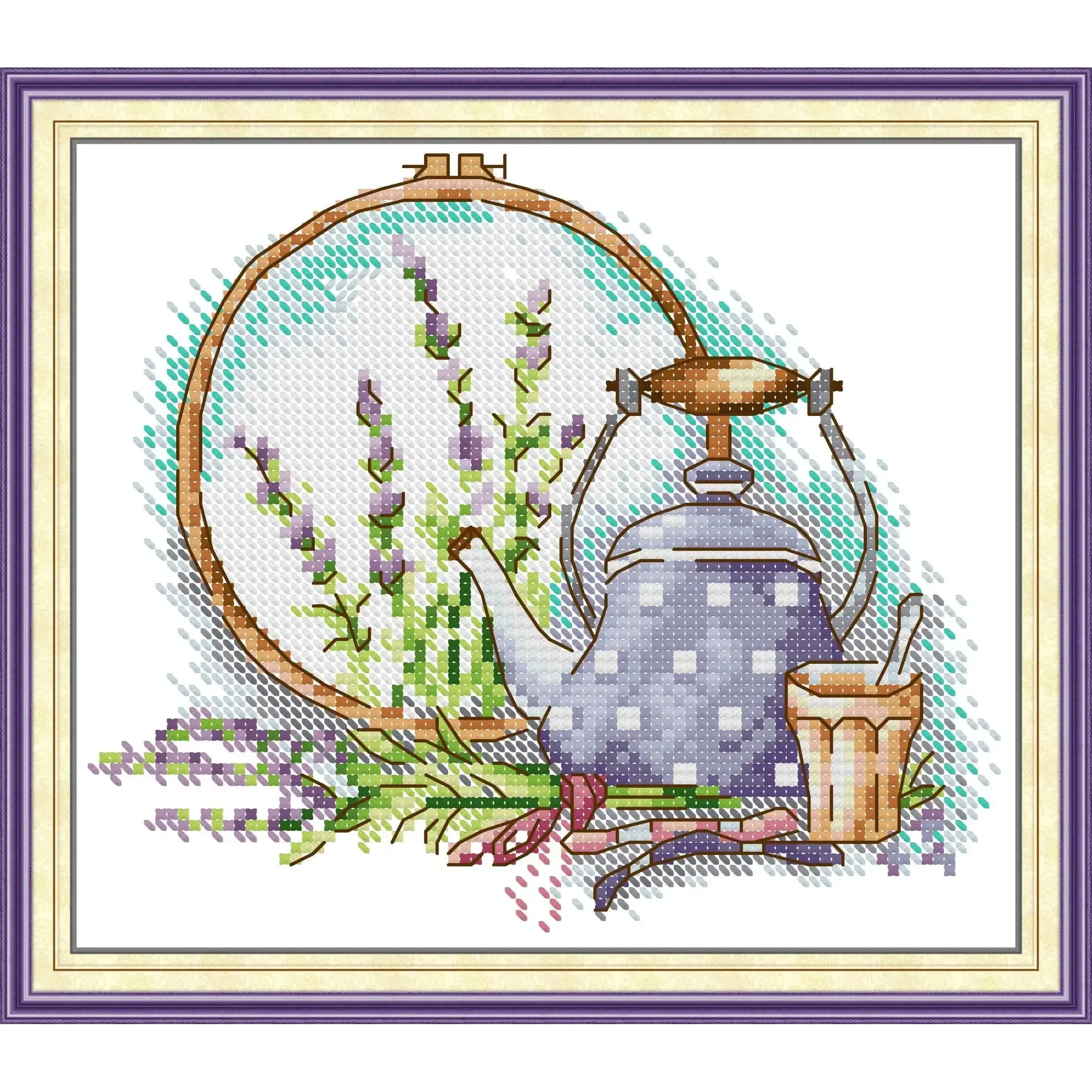 Joy Sunday Pre-printed Cross Stitch Kit  Easy Pattern Aida  Stamped Fabric Embroidery Set-Cross Stitchand AfternoonTeainSummer