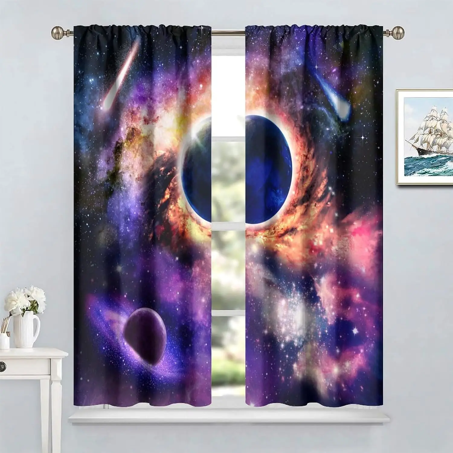 Galaxy Outer Space Nebula Curtains for Kids, Universe Planets Window Treatment for Living Room Fantasy Starry Star Night Window