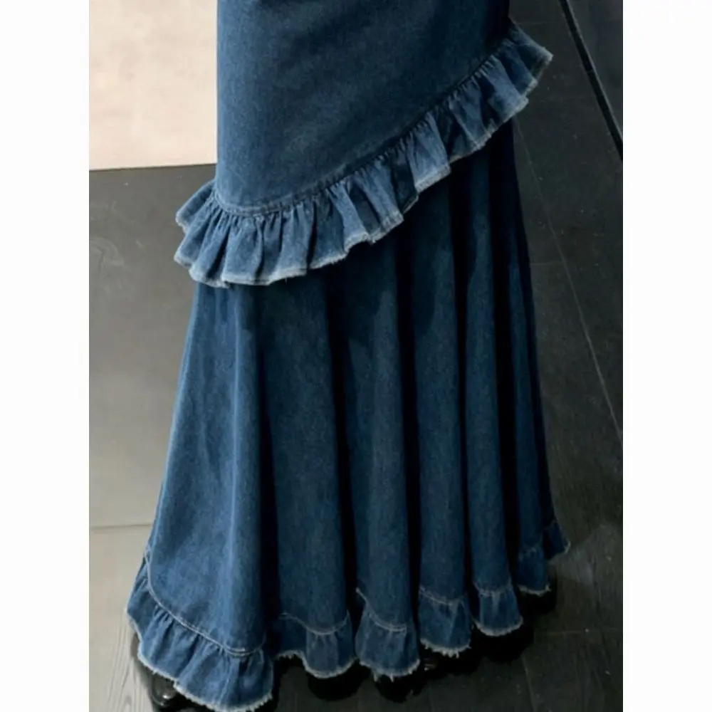 

Vintage Denim Ruffle Edge Skirt Women's High Waist Irregular Long Skirt Cake Skirt