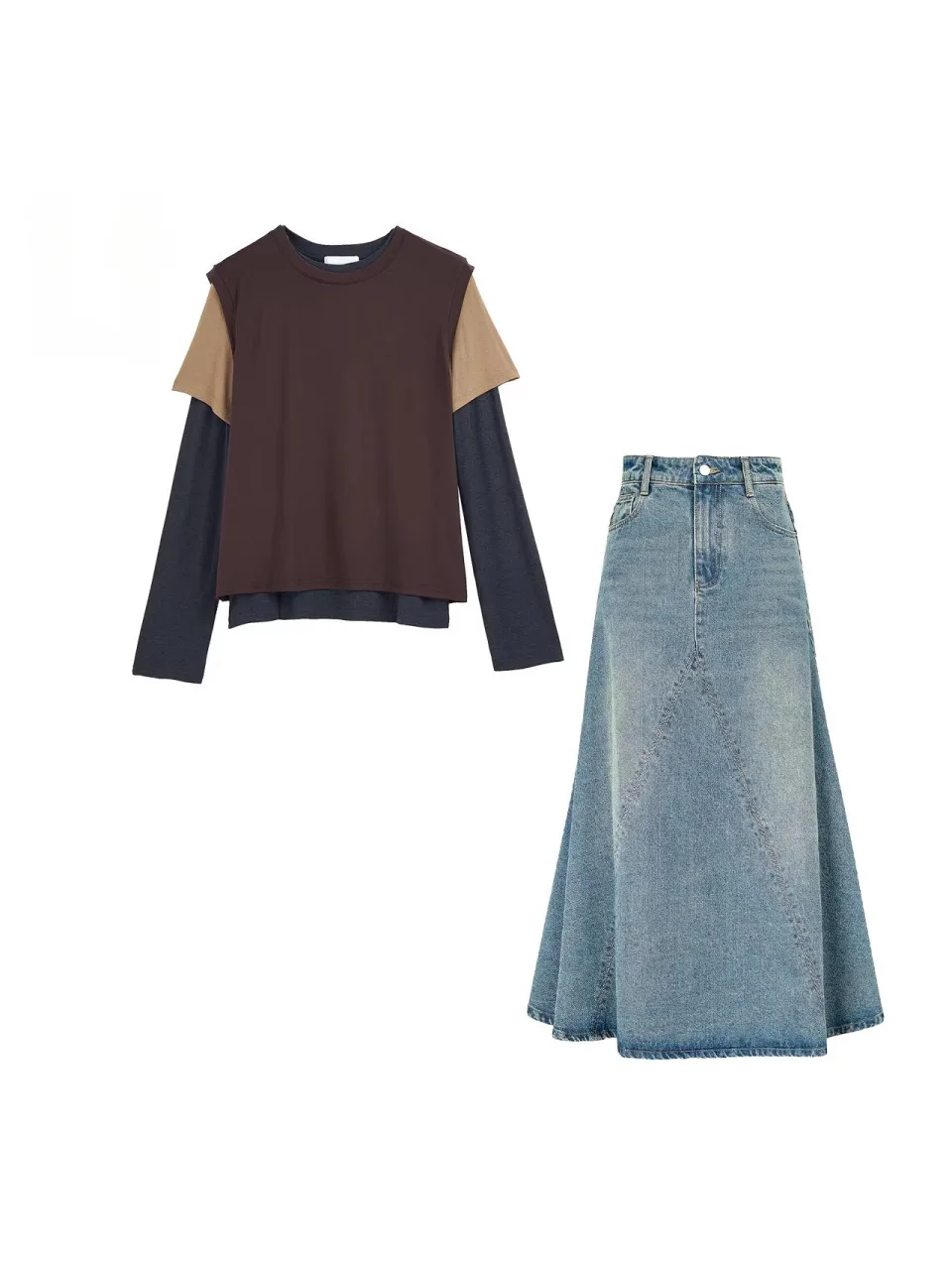 

Faionable Layered Long Sve Design Lace Trim Denim Skirt f Body Two Piece Set Early Spring Women's plus Size Ensemble