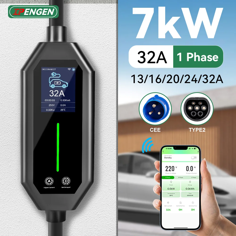 IPENGEN Type2 7KW Portable EV Charger Electric Car Charger 32A 1Phase EVSE Charging Cable Wallbox With WiFi APP Control 5M Cable