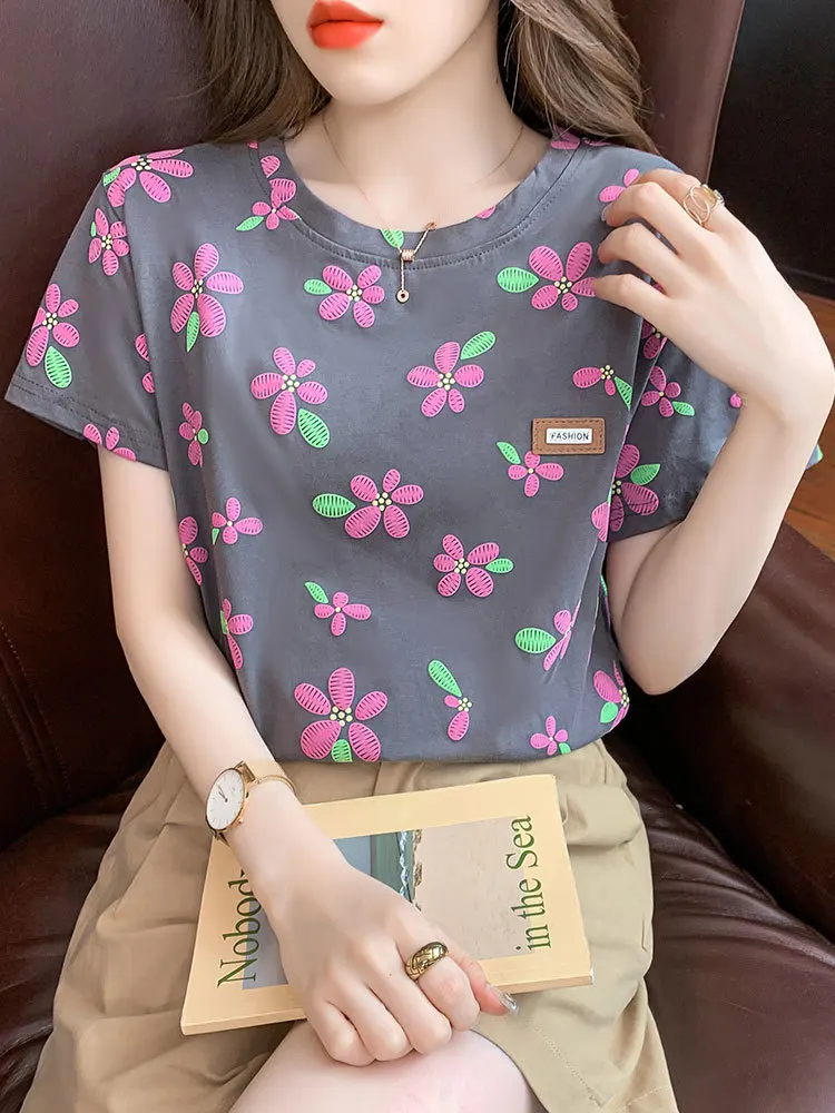 100% Cotton Floral Printed T-shirts for Women 2023 Summer Short Sleeve T Shirt Female Casual O-neck Tops Tees Tshirt