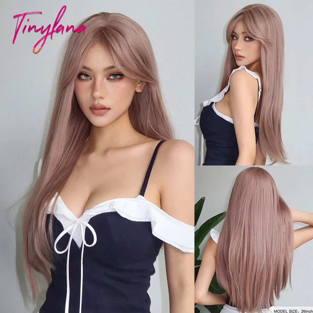 Long Straight Rose Pink Blonde Synthetic Hair Wigs Colorful Cosplay Halloween Wig with Bangs for Women Afro Daily Heat Resistant