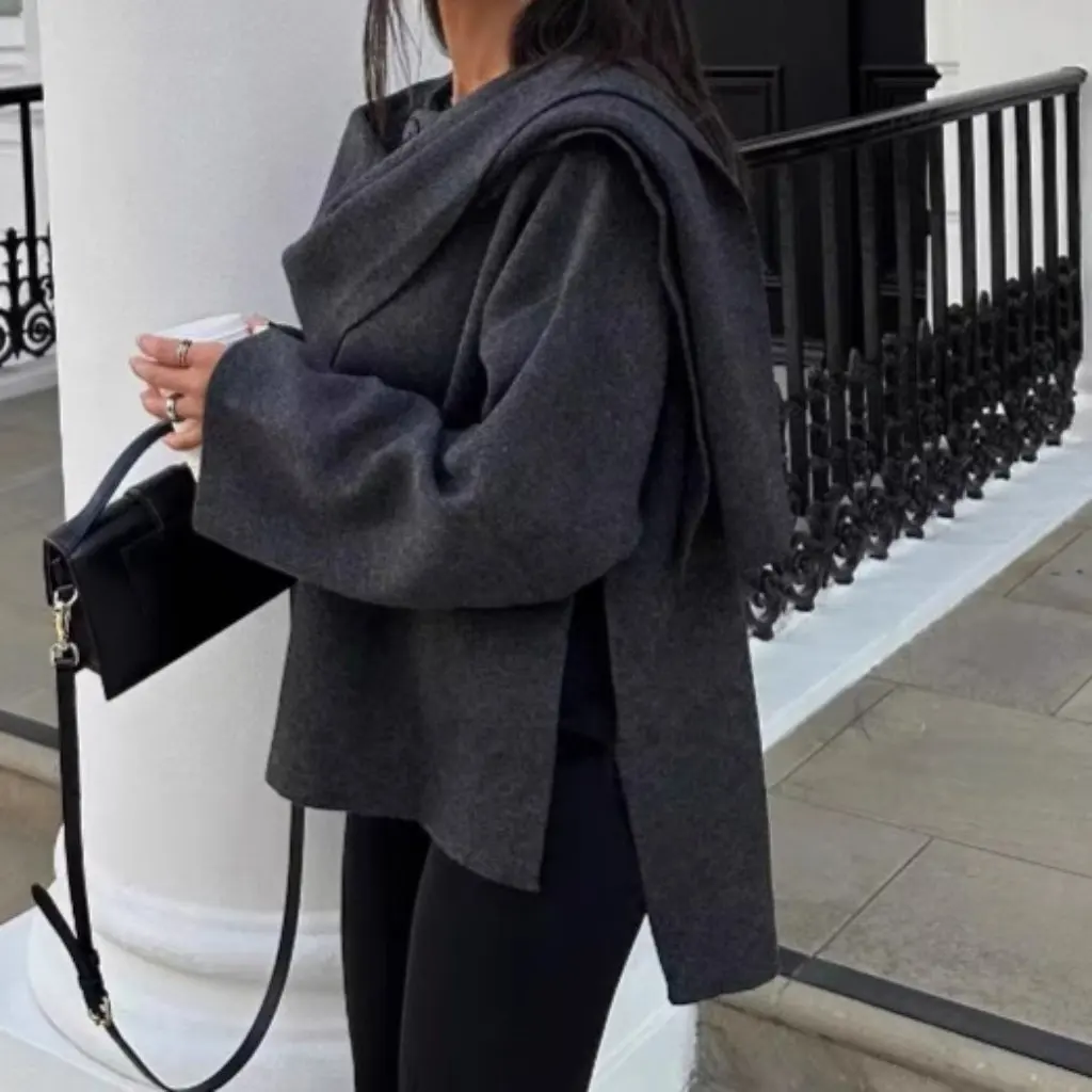 

Women's Design Scarf Collar Shawl Cape Coat High-End Elegant Loose Outerwear for Autumn Winter Spice Girl Style