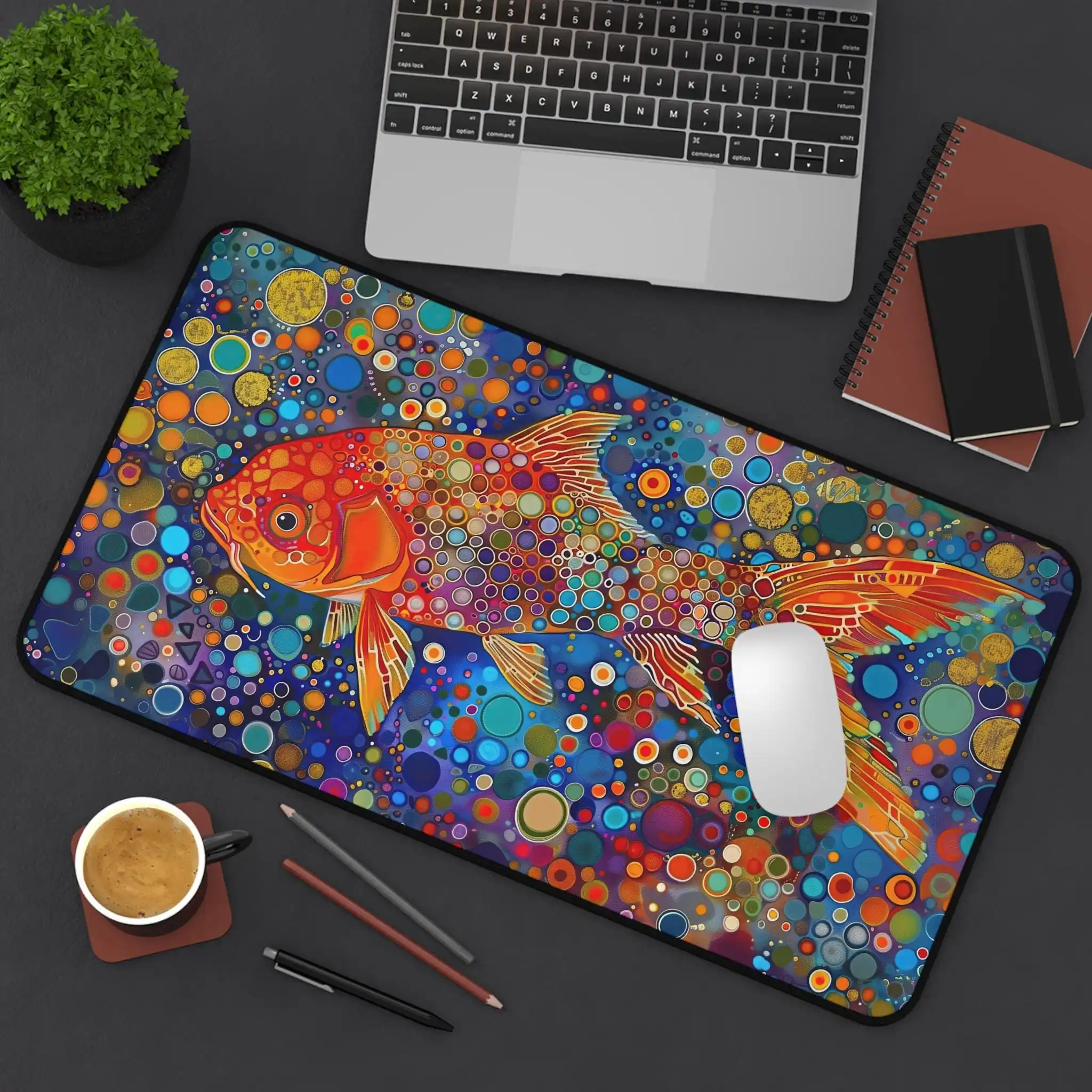 Colorful Dot Art Goldfish Mousepad,featuring A Goldfish Presented with Intricate Kaleidoscopic Dot Art,gift for Goldfish Lovers.