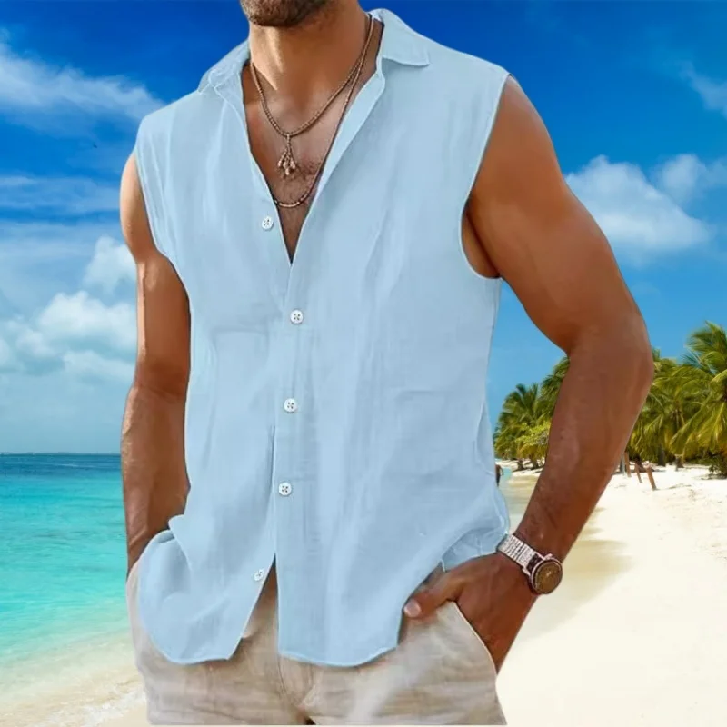 Summer Solid-Color Cotton and Linen Sleeveless Shirt for Men, Casual Sports, Lapel Button, Outdoor Fitness, Breathable Cardigan
